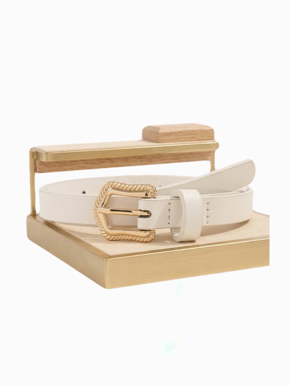 New White Faux Leather Everyday Wear Belt With Gold Tone Engraved Buckle